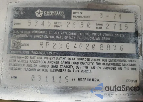 1974 Plymouth Satellite from USA, damaged, VIN RP23G4G208836